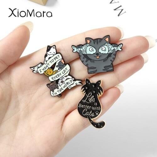 Cute Cat Cartoon Pattern Words Fish Enamel Broochs Pet Childlike Colourful Gift For Kids Custom Jewelry Badge Lovely Animal