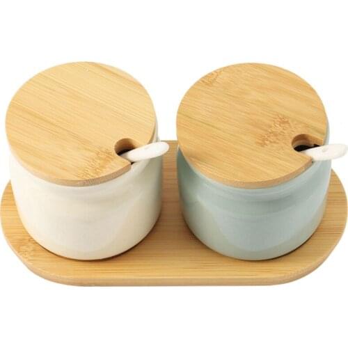 Set of 2 Sugar Bowl,300Ml Ceramic Spice Jar Seasoning Box Condiment Pots Salt Jar with Lid and Spoon for Kitchen
