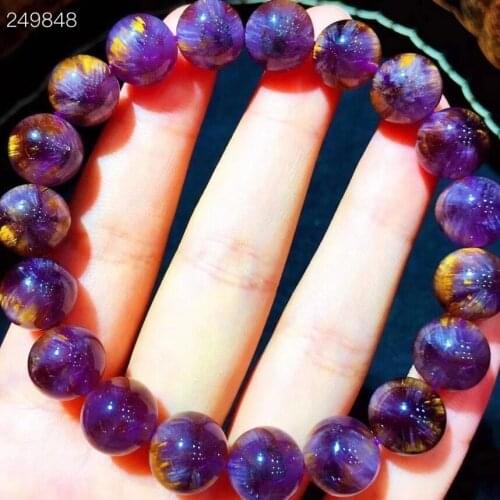 10.8mm Natural Cacoxenite Auralite 23 Purple Rutilated Quartz Bracelet Clear Round Beads Bangle Women Men Genuine AAAAAA