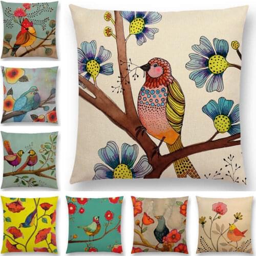 New Arrivals Watercolor Little Birds Pillow Case Floral Home Decor Cushion Cover