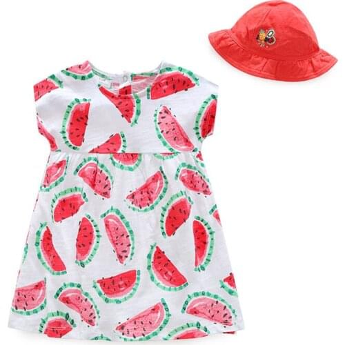 New 2021 summer baby clothes watermelon refreshing slub cotton short-sleeved red printing girl dress and hat