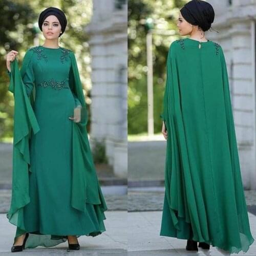 Latest 2021 Saudi Arabic Dark Green Mother of the Bride Dresses with Cape Jewel Neck Long Sleeves Wedding Party Dresses Jade