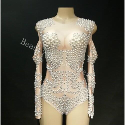 New Style Big Pearls Rhinestones Stretch Bodysuit Womens Birthday Party Sexy Festival Outfit Female Singer Dance Show Wear DJ
