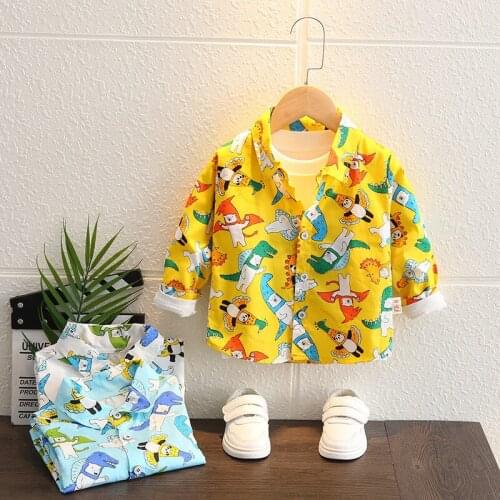 Boys Autumn Thin Shirt Lapel Single-Breasted Cartoon Animal Pattern Childrens Long-Sleeved Shirt 1-4 Years Old