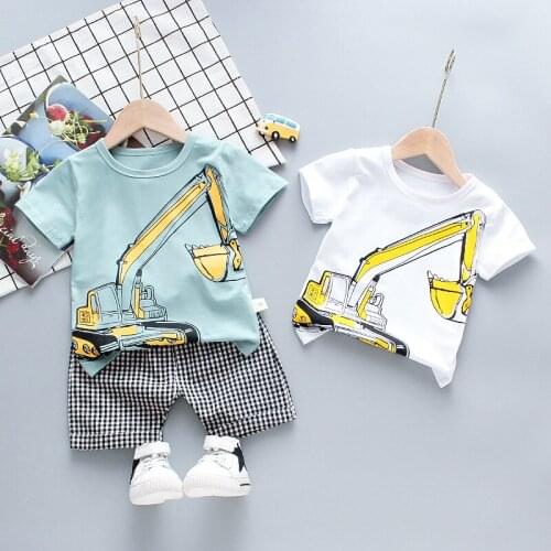 0-4 years old baby childrens suit summer short-sleeve cartoon excavator T-shirt + lattice shorts boys girls casual two-piece