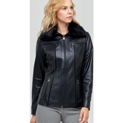 VANESSA Genuine Leather Black Womens Coat