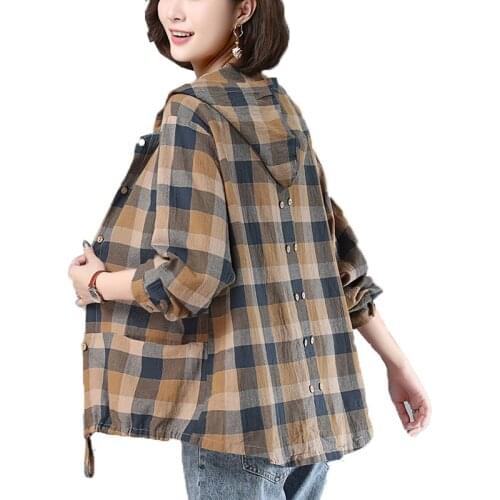 Casaco Feminino 2021 New Women Coat Windbreaker Spring Autumn Thin Jacket Plaid Shirt Tops Female Loose Retro Leisure Outerwear