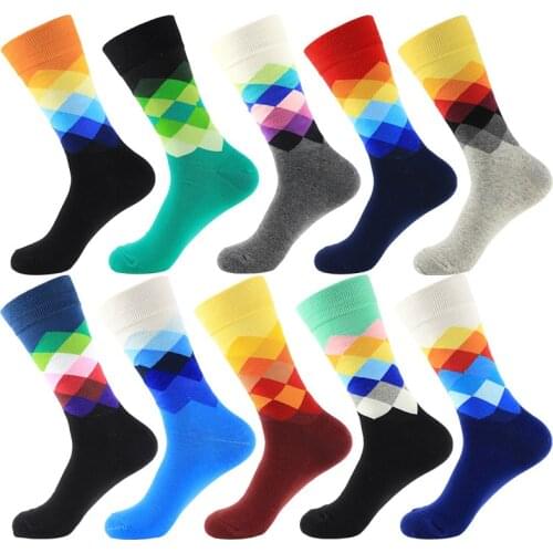 Peonfly Harajuku Casual Men Cotton Funny Sock Vintage Diamond Plaid Rainbow Meias for Business Dress Socks