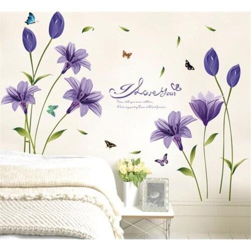 Romantic LILY Flower Butterfly wall sticker living room bedroom wall TV decoration art mural wall stickers for kids rooms