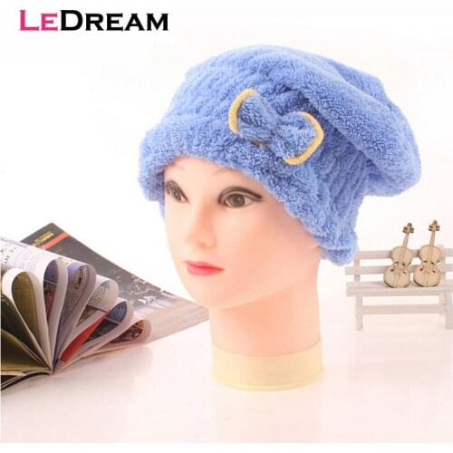 High Quality Quick Hair Drying Cap Hat Microfiber Coral Fleece Ultra Absorbent Hair Towel Dry Wrap Bow-Knot Embellished Cap