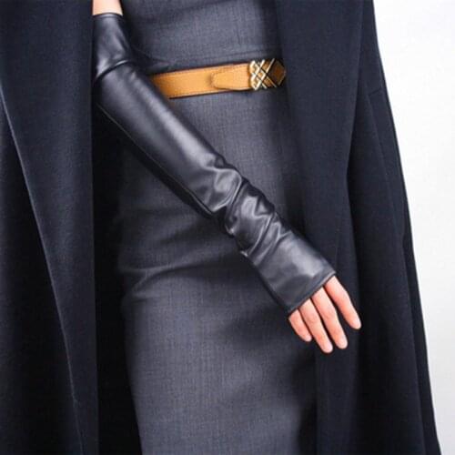 Womens Thin Long Fingerless Pu Leather Driving Gloves Winter Warm Half Finger Arm Sleeve Nightclub Show Touch Screen Mitten M36