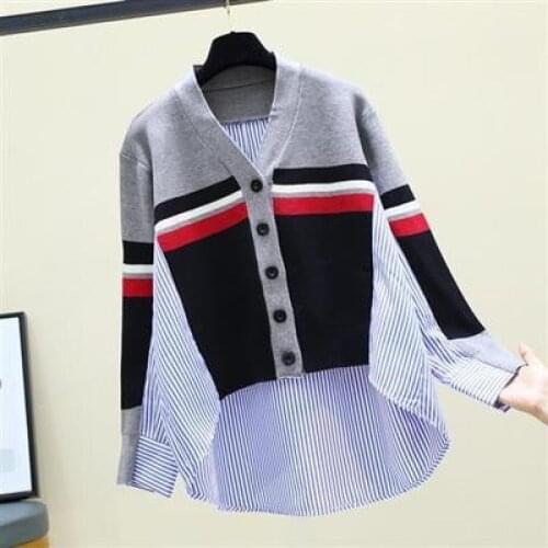 2021 New Womens Lazy Irregular Knitting Sweater Striped Cardigan Woman Stitching Korean Fashion Loose Shirt Fake Two Coat A801