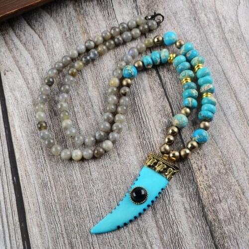 Natural Turquoises Women Necklace Multi-Kind Stones Beads Pendant Necklace Handmade Boho 6MM Labradorite 28" Necklace Gifts