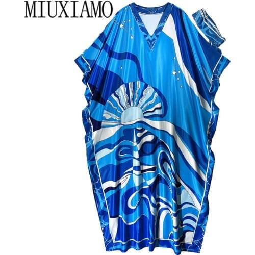 MIUXIMAO 2021 Bohemian Plus Size Dress V-neck Batwing Sleeve Maxi Dress Women Silk Floor Length Star Print Kaftan Dress Belt