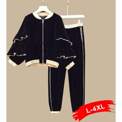 2 Plus Size Velvet Piece Set Women Ruffles Beaded Sleeve Zipper Up Cardigans+elastic Waist Stripe Long Pants Casual Tracksuits