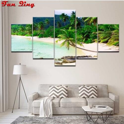 5pc Diamond Embroidery Sea view beach coconut tree Round/square Diamond Full rhinestone 5D Diamond painting cross stitch
