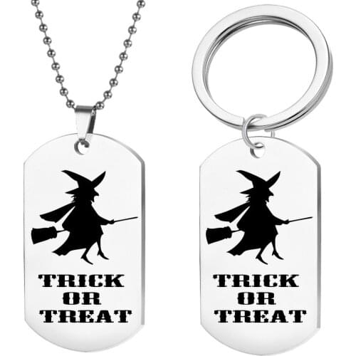 Trick or Treat Keychain, Halloween Gifts, Witch Key chain, Trick or Treat Necklace, Treat, No Tricks Jewelry Gifts, New Car Gift