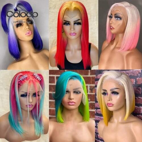 COLODO Glueless Light Purple Wig Brazilian Blue Short Lace Human Hair Wigs Remy Grey Yellow Short Bob Lace Front Wig for Women