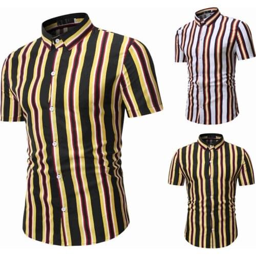 Mens Striped Shirt Short Sleeved Turn Down Collar Cardigan Shirt with Print Casual Slim Type Single Breasted Tops