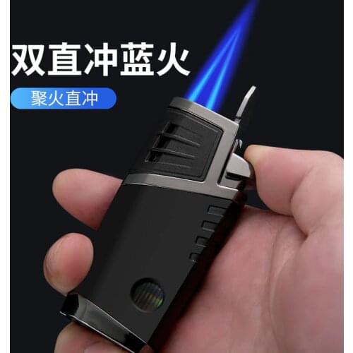 Double direct flame personality lighter windproof metal inflatable lighter mens cigarette cigar lighter outdoor gadget gift