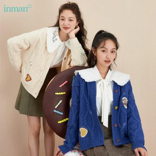 INMAN Womens Cardigan Autumn Winter Round Collar Loose Knitted Retro Jacquard Fun Patchwork Embroidery Yellow Sweater