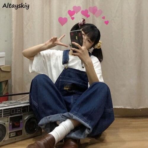 Jumpsuits Women Casual Cartoon Student Lovely Girls All-match Full-length Loose College Denim Baggy Ulzzang Chic Streetwear Cool