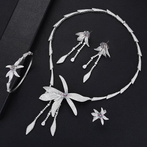 LARRAURI Famous Brand Charm Statement Daffodil Blooming Flowers Jewelry Sets Luxury Cubic Zirconia Bangle Earrings Necklace Ring