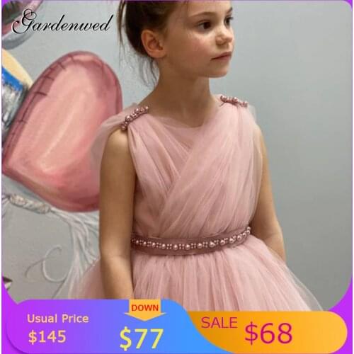 Cute Pink Satin Bow Girl Wedding Dresses Kids Pearls Satin Sashes Princess Dress Girl Tulle Straps Pearls Shoulder Prom Dresses
