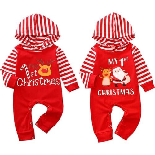 My 1st Christmas Hoodies Jumpsuit for Baby Girls Boys One Pieces Long Stripe Snap Button Deer Print Romper Bebe New Year Costume