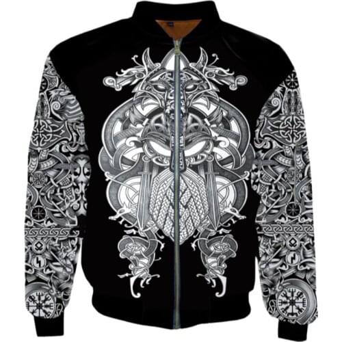 Men Viking 3D Pirates Of The North Print Winter Autumn Zipper Flight Jacket Casual Unisex Harajuku Hip Hop Streetwear Coat