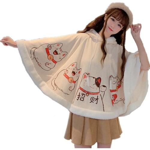 2020 Autumn Winter Cloak Harajuku Kawaii Ears Hooded Outwear Japanese Lucky Cat Fleece Cape Loose Pullover Batwing Sleeve Top