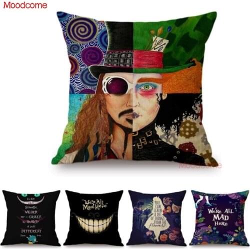 18" Alice in Wonderland Mad Hatter Cheshire Cat Children Fairy Tale Home Decoration Throw Pillow Case Cotton Linen Cushion Cover