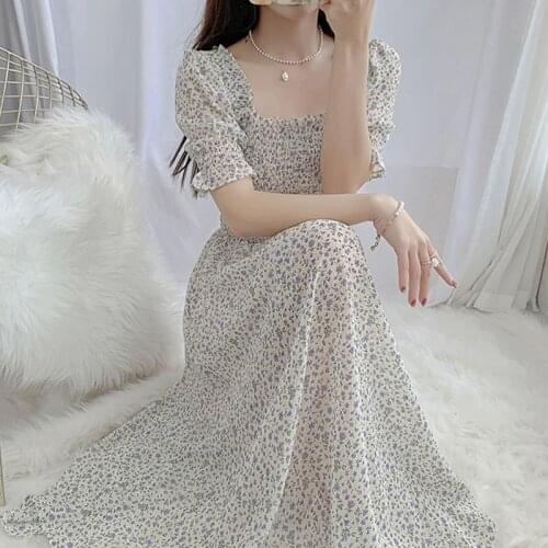 2021 Summer New Korean One-Piece Slim WomenS Midi Dress Gentle Style Sweet Elegant Square Collar Floral Chiffon Dresses Female