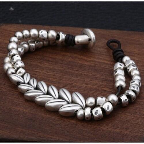 New s925 oure silver jewelry 3d hard silver hand-woven wheat ear pattern woman bracelet creative leather bracelet for man