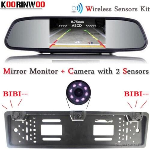 Koorinwoo Wireless LCD Monitor Parktronic Vehicle Euro License Plate Frame Rearview camera Front Car parking Sensor Buzzer Alert