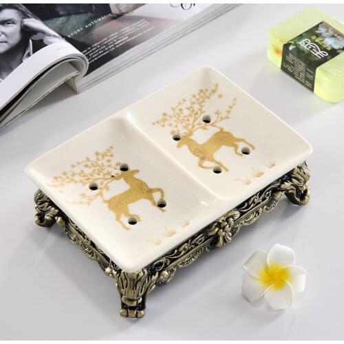 Bathroom Portable Soap Dishes Ceramics Drain Soap Box With Resin Carved Base Double Case Type Bath Hardware Nordic Style
