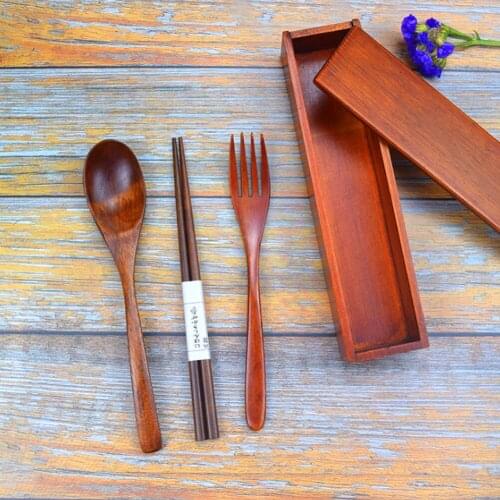 Portable Useful Wooden Reusable Cutlery Spoon Fork Chopsticks Travel Set Tableware with Storage Case Box