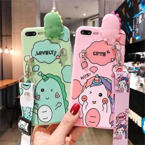 Pink dinosaur For iPhone 11 Pro Xs Max Xs XR 6 7 8Plus SE 2020 Case TPU Case Soft Phone Strap Rope Case