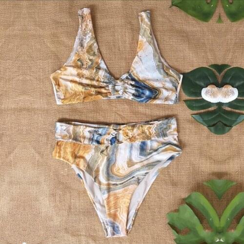 Sexy Women High Waist Bikini Set Swimsuit 2020 2 Pieces Printing Bathing Suit Patchwork Thong Brazilian Swimwear