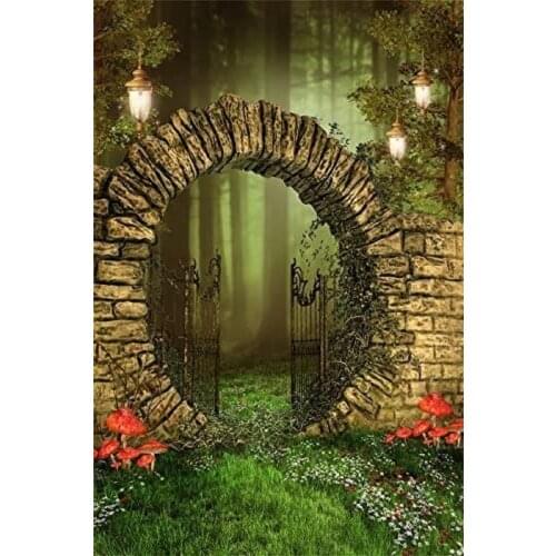 Fairytale Weathered Brick Arch Door Photography Backdrop Lantern Jungle Forest Trees Fresh Flowers Dreamy Background Girls Kids
