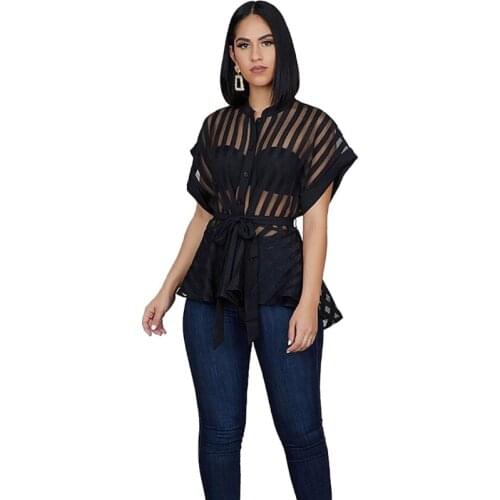 Women Autumn Winter fashion Striped Sashes O-neck Shirt Short sleeve Elegant High Waist Tee shirts Tops LDN8311