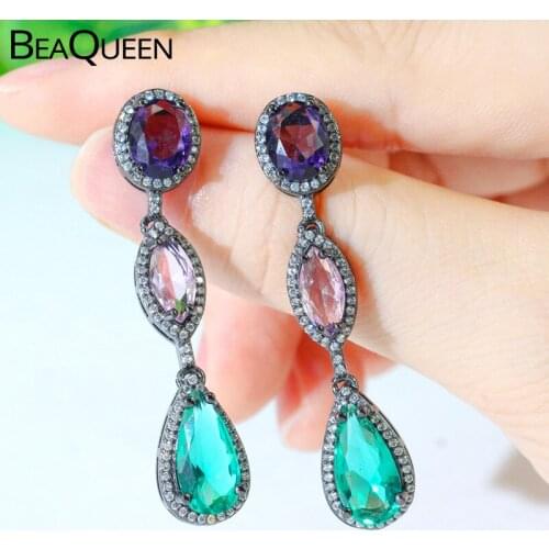 BeaQueen Unique Purple Pink Green Water Drop Round Cubic Zircon Crystal Long Dangle Earrings Women Black Gold Color Jewelry E407