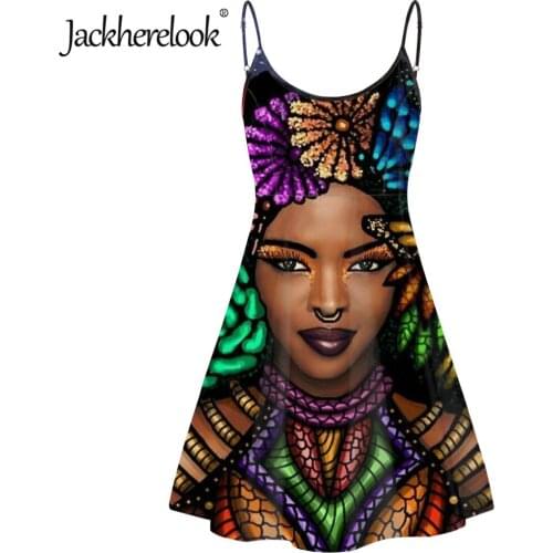 Jackherelook Vintage African Black Girl Art Print Spaghetti Strap Party Dresses for Womens Sleeveless Backless Dress Vestidos