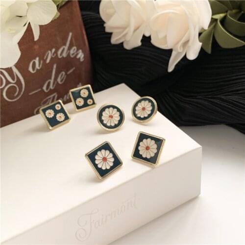Korean Cute Vintage Flower Enamel Square Round Glaze Stud Earrings For Women Fashion Brincos Kolczyki 2021 Trendy Jewelry Gifts
