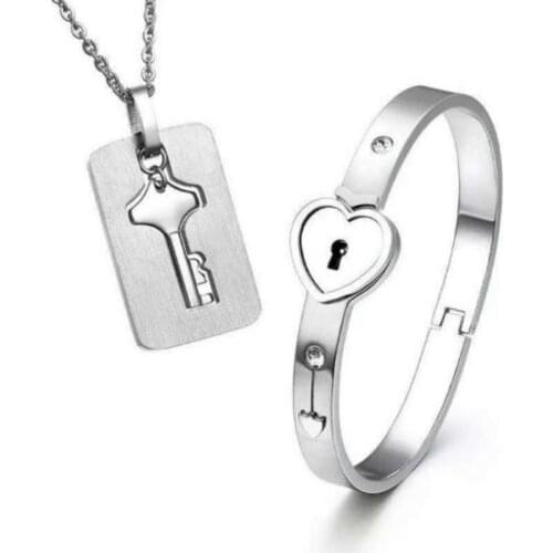 2021 Heart Love Lock Bracelet Choker Set Jewelry Stainless Steel Key Pendants Necklace Women Men Lover Couples Wedding Gift