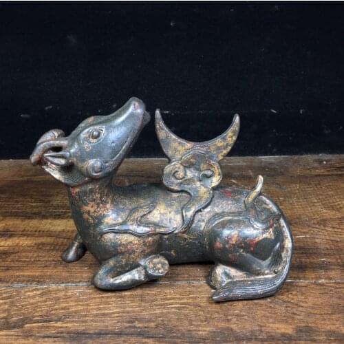 5"Chinese temple collection Old Bronze Cinnabar Lacquer Rhino watching the moon statue Lucky Bull Bullish Town House Exorcism