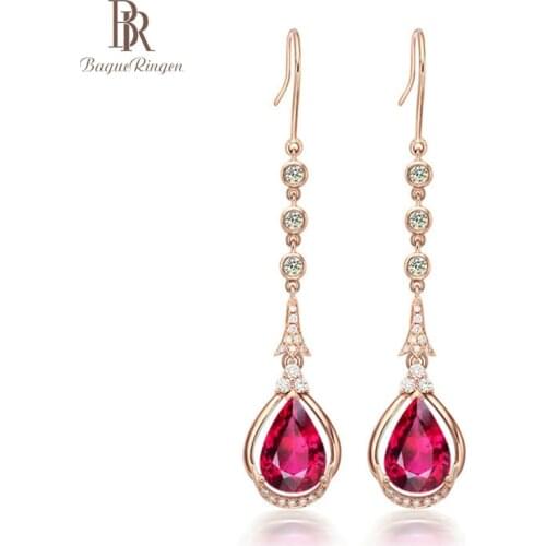 Bague Ringen Charms Long Earrings for Women Silver 925 Jewelry Water Drop Shaped Gemstone Ruby Elegant Female S925 Ear-drops