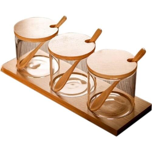 Condiment Jars with Lids and Spoons, Set of 3 Spice Jars Kitchen Transparent Condiment Salt Pepper Storage Containers