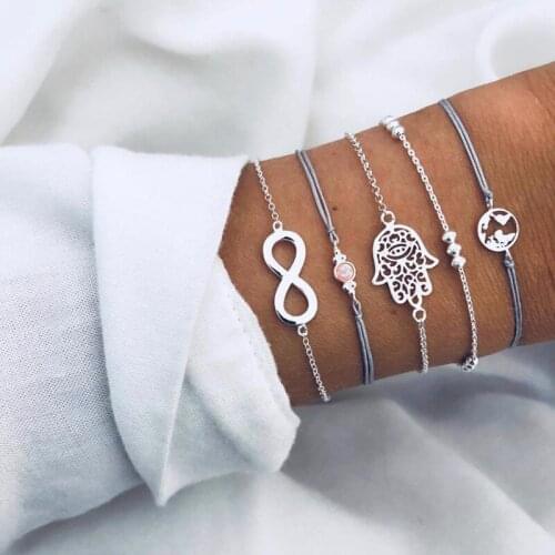 Free Shipping Infinity Fatima Hand Charm Bracelet Set Female Gray Rope Thread Chain Bracelets for Women Jewelry
