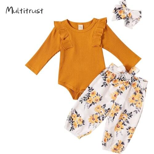 Baby Girls Clothes Set 2020 Toddler Long Sleeve O-neck Tops with Ruffle + Floral Print Long Pants + Headband Spring Fall 3PCS